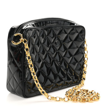 CHANEL Patent Quilted Tassel Camera Case Black