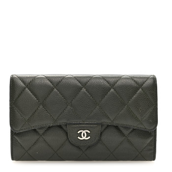 CHANEL Caviar Quilted Large Flap Wallet Dark Green
