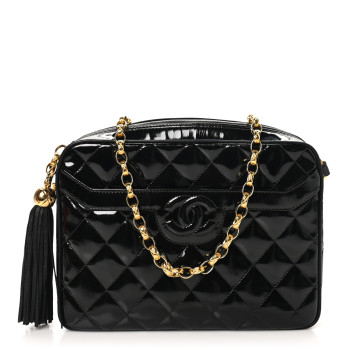 CHANEL Patent Quilted Tassel Camera Case Black