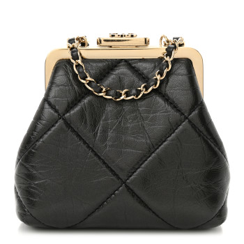 CHANEL Shiny Aged Lambskin Quilted Kiss Lock Clutch With Chain Black
