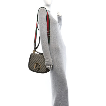 GUCCI GG Supreme Monogram Textured Dollar Calfskin Web Medium Blondie Top Handle Shoulder Flap Bag Beige Ebony New Acero
