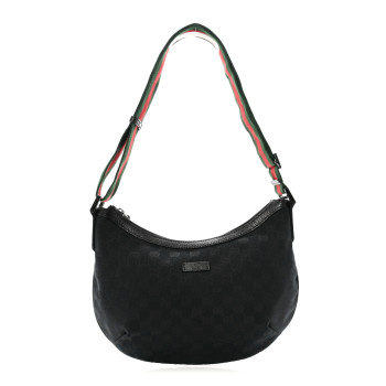 GUCCI Monogram Web Medium Half Moon Hobo Black