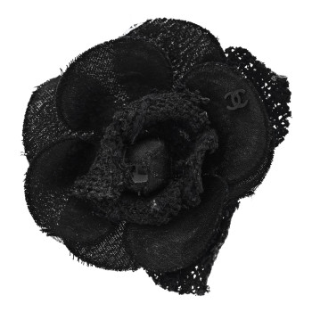 CHANEL Tweed Fabric Camellia Pin Brooch Black
