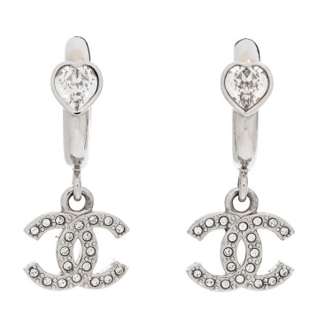 CHANEL Crystal Heart CC Drop Earrings Silver