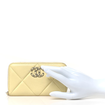 CHANEL Shiny Goatskin Quilted 19 Long Zipped Around Wallet Yellow