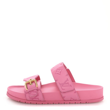 LOUIS VUITTON Calfskin Monogram Embossed Bom Dia Flat Mule Sandals 37 Pink