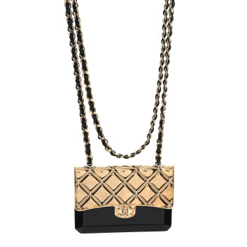 CHANEL Metal Resin Lambskin Flap Bag Long Necklace Gold Black