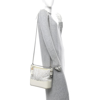 CHANEL Tweed PVC Patent Chevron Quilted Medium Gabrielle Hobo White