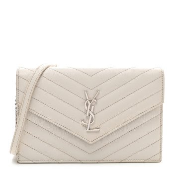 SAINT LAURENT Grain De Poudre Matelasse Chevron Monogram Envelope Chain Wallet Crema Soft