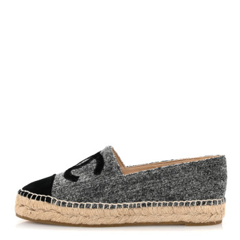 CHANEL Tweed Velvet CC Espadrilles 36 Grey Black