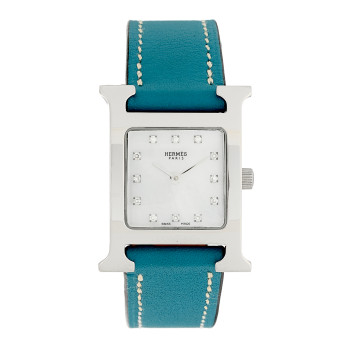 HERMES Stainless Steel Swift Diamond Mother of Pearl 21mm Heure H Hour Quartz Watch Blue Jean