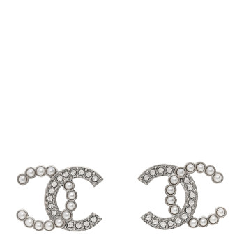 CHANEL Pearl Crystal CC Earrings Silver Pearly White