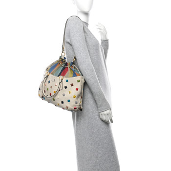 FENDI Calfskin Studded Medium B Fab Drawstring Tote Milk Multicolor