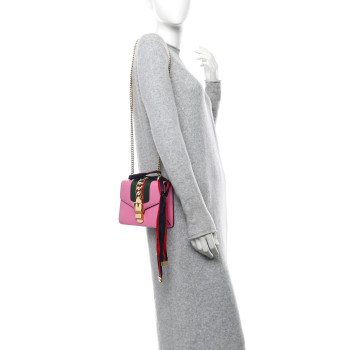 GUCCI Vitello Fontanella Web Mini Sylvie Chain Shoulder Bag Pink Tropical Flower