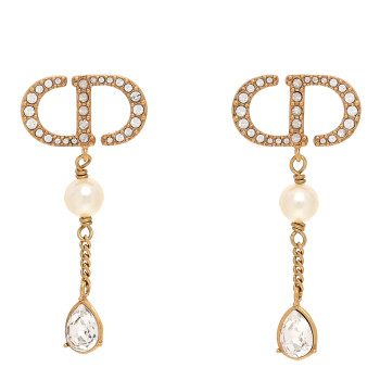 CHRISTIAN DIOR Pearl Crystal CD Drop Earrings Gold