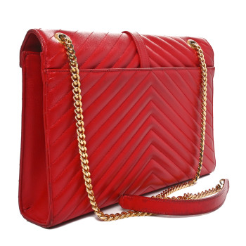 SAINT LAURENT Grain De Poudre Matelasse Chevron Large Monogram Satchel Lipstick Red
