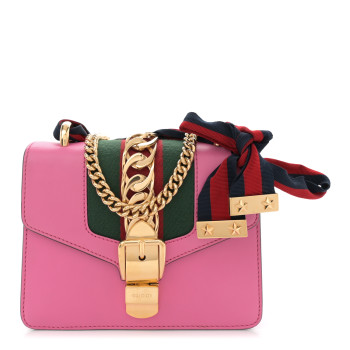 GUCCI Vitello Fontanella Web Mini Sylvie Chain Shoulder Bag Pink Tropical Flower