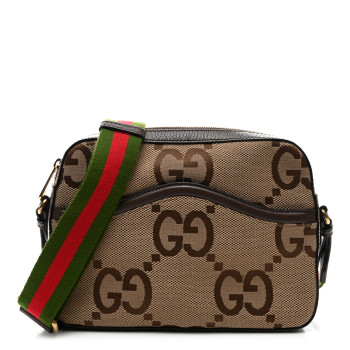 GUCCI Monogram Jumbo GG Textured Dollar Calfskin Web Messenger Shoulder Bag Camel Ebony New Acero