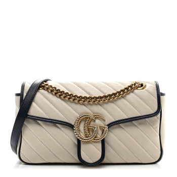 GUCCI Vintage Effect Calfskin Matelasse Diagonal Small Torchon GG Marmont Shoulder Bag Mystic White Blue Agata