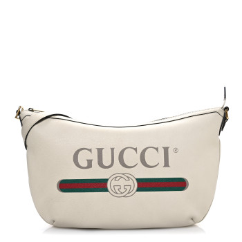 GUCCI Grained Calfskin Logo Half Moon Hobo White