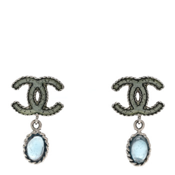 CHANEL Resin CC Drop Earrings Blue Silver