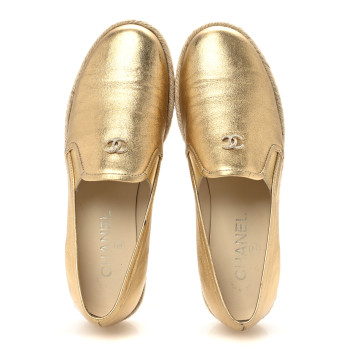 CHANEL Metallic Lambskin CC Mocassin Loafers 37.5  Gold