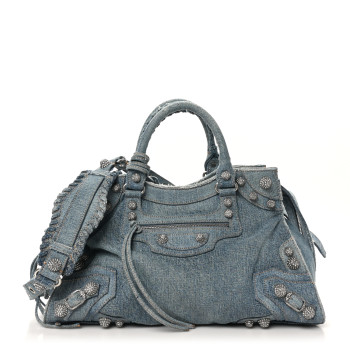 BALENCIAGA Washed Frayed Denim Crystal Neo Cagole City Handbag Blue