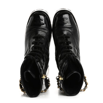 CHANEL Shiny Calfskin Patent Quilted Chain Lace Up Combat Boots 38 Black