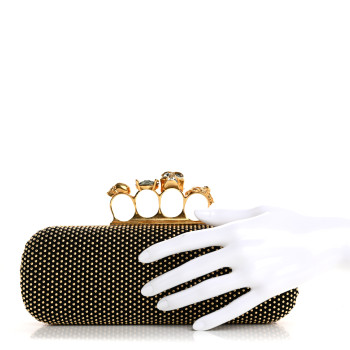 ALEXANDER MCQUEEN Suede Studded Skull Knuckle Box Clutch Black Gold