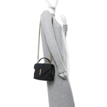 SAINT LAURENT Sheepskin Matelasse Chevron Monogram Medium College Bag Black