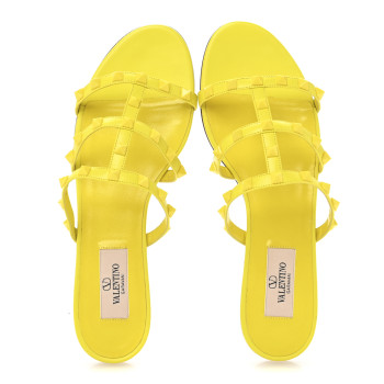 VALENTINO GARAVANI Nappa Rockstud Caged Flat Slide Sandals 38 Shocking Yellow
