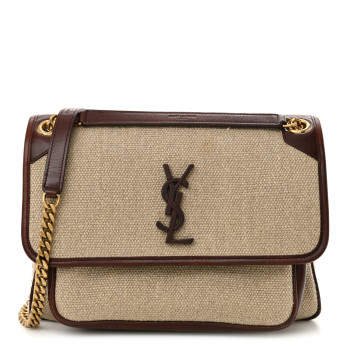 SAINT LAURENT Cotton Canvas Vintage Calfskin Monogram Medium Niki Chain Satchel Natural Chocolate