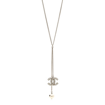 CHANEL Baguette Crystal Pearl CC Lariat Necklace Silver