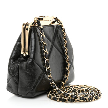 CHANEL Shiny Aged Lambskin Quilted Kiss Lock Clutch With Chain Black
