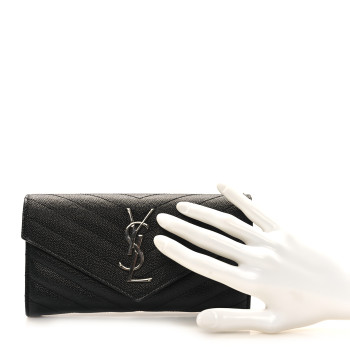 SAINT LAURENT Grain De Poudre Matelasse Chevron Monogram Flap Wallet Black