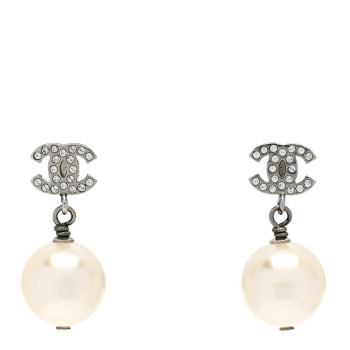 CHANEL Crystal Pearl CC Drop Earrings Silver Pearly White