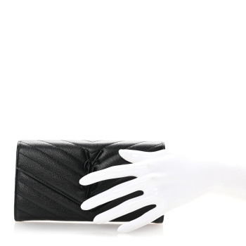 SAINT LAURENT Grain De Poudre Matelasse Chevron Monogram Flap Wallet Black