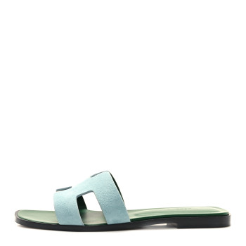 HERMES Suede Goatskin Oran Sandals 38.5 Vert D'eau Vert Anglais