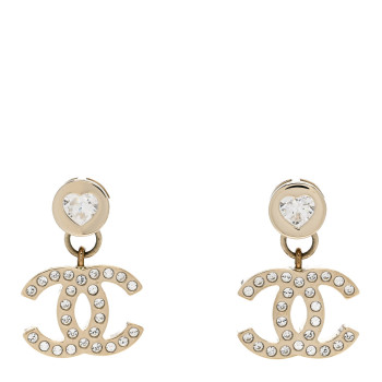 CHANEL Crystal CC Heart Drop Earrings Gold