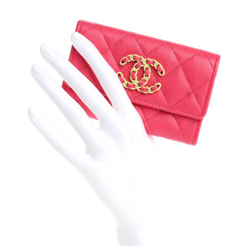CHANEL Caviar Quilted Chanel 19 Flap Card Holder Wallet Dark Pink