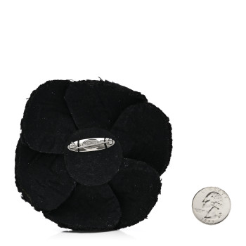 CHANEL Tweed Camellia CC Pin Brooch Black