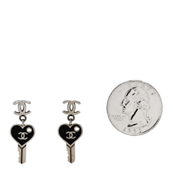CHANEL Enamel Heart Key CC Drop Earrings Black Silver