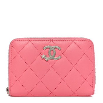 CHANEL Lambskin Crystal Star Quilted Studded CC Zip Around Card Holder Wallet Pink