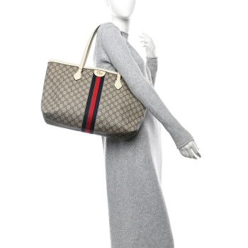 GUCCI GG Supreme Monogram Textured Dollar Calfskin Web Medium Ophidia Shopping Tote Beige Ebony Mystic White