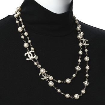 CHANEL Crystal Pearl CC Long Necklace Gold