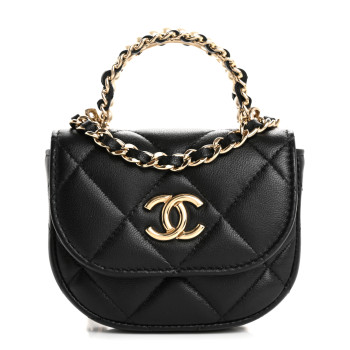 CHANEL Lambskin Quilted Pearl Top Handle Clutch With Chain Black
