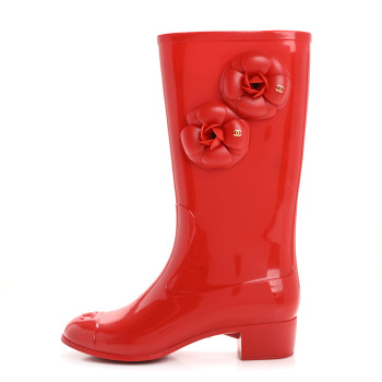 CHANEL Rubber Camellia Rain Boots 37 Red