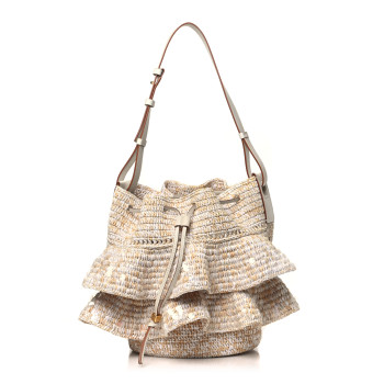 LOEWE Raffia Calfskin Sequin Balloon Ruffles Bucket Bag Natural White
