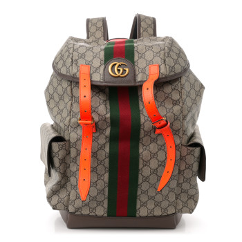 GUCCI GG Supreme Monogram Medium Ophidia Double Buckle Backpack Beige Ebony Neon Orange