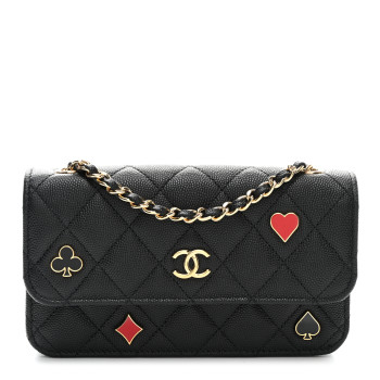 CHANEL Caviar Quilted Enamel Coco Casino Flap Phone Holder With Chain Black